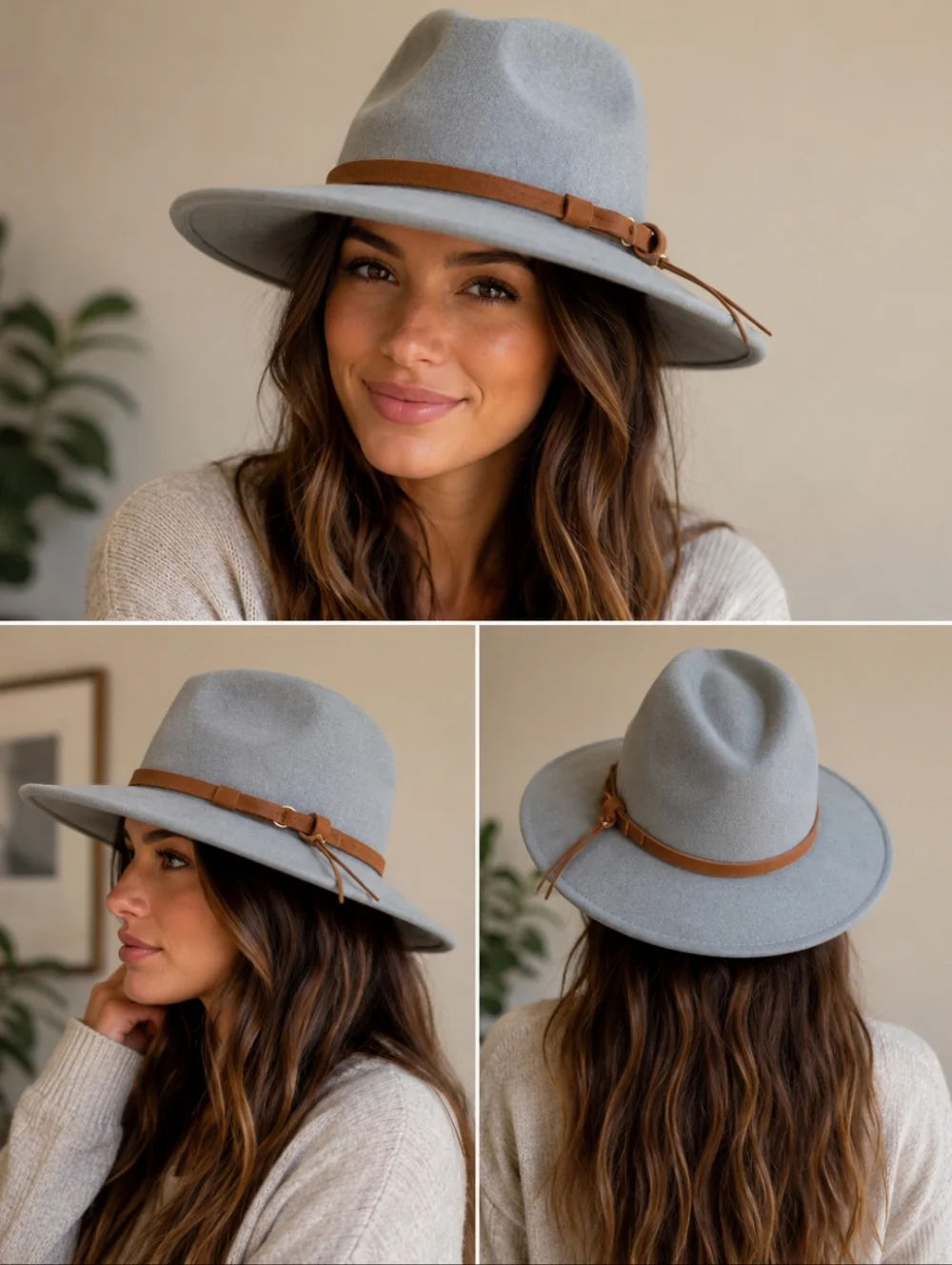 Boho Wide Brim Fedora Hat in Light Gray with Tan Faux Leather Band Cotton